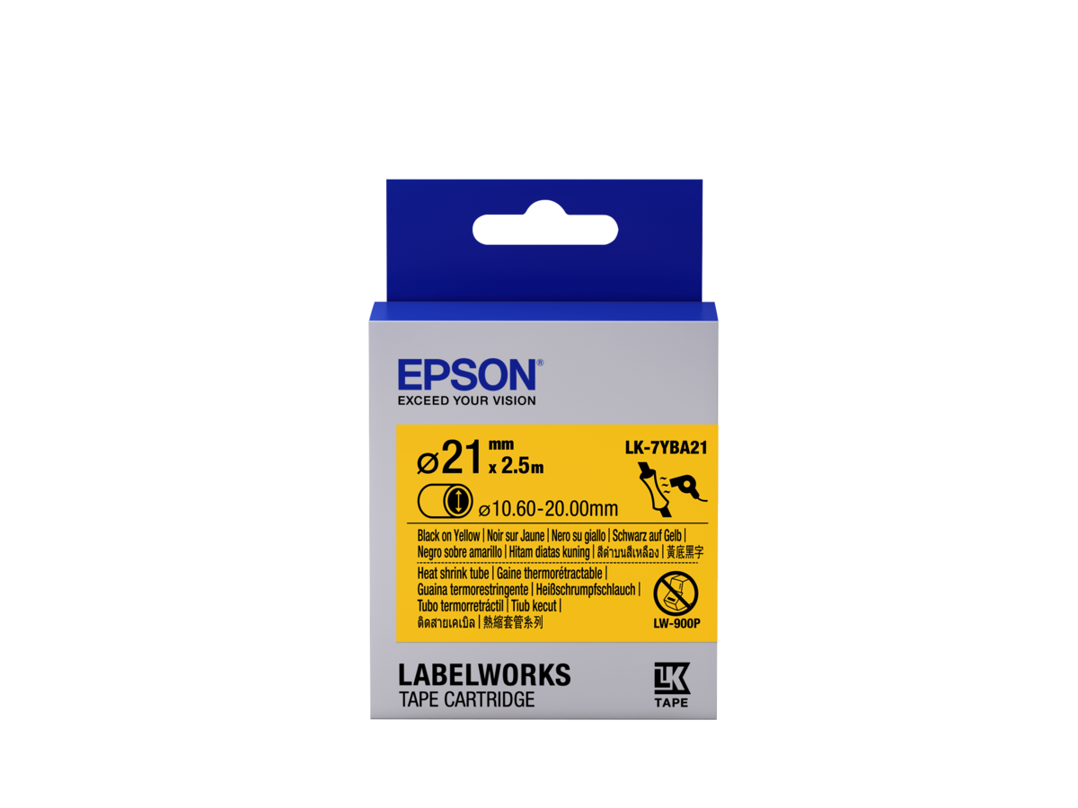 folie 1 von 2, vergrößern, epson etikettenkassette, schrumpfschlauch (heat shrink tube, hst) lk-7yba21 schwarz/gelb, 21 mm durchmesser (2,5 m)