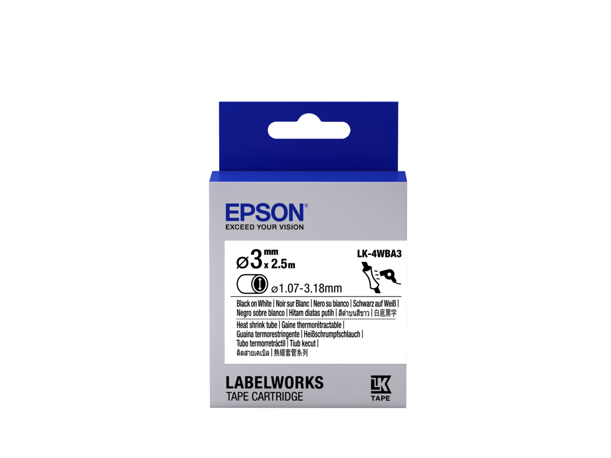 folie 1 von 2, vergrößern, epson etikettenkassette lk-4wba3 - schrumpfschlauch - schwarz auf weiß - 3mm durchmesser (2,5m)
