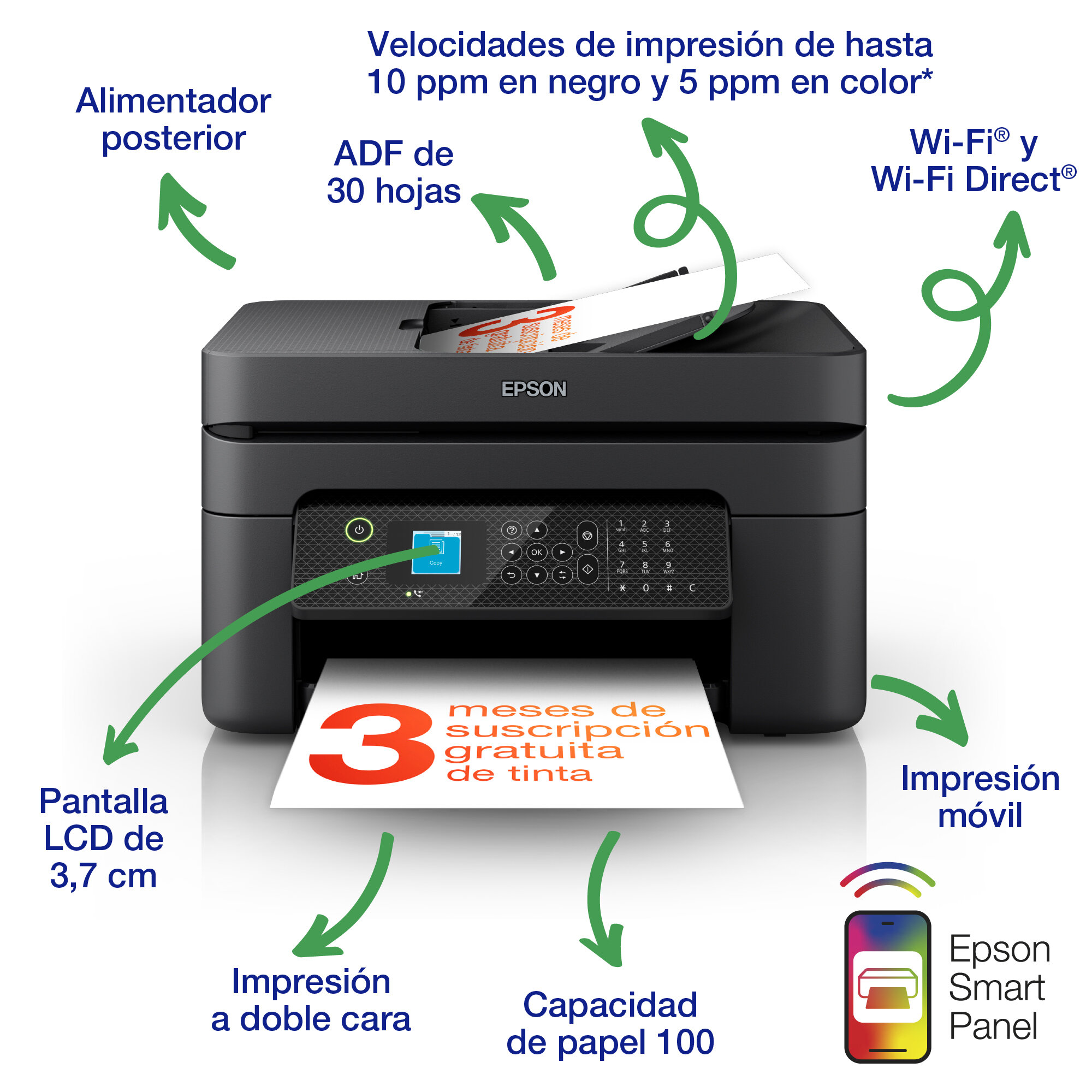 Impresora de inyección de tinta multifunción WorkForce WF-2930DWF A4 con conectividad inalámbrica y 3 meses gratis de suscripción de tinta ReadyPrint