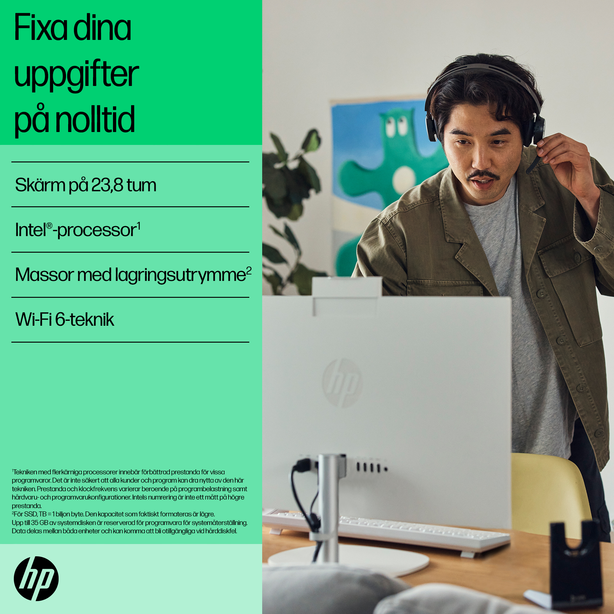 HP 24 inch All-in-One Desktop PC (Intel) - Shell White - Productivity Storage - Swedish