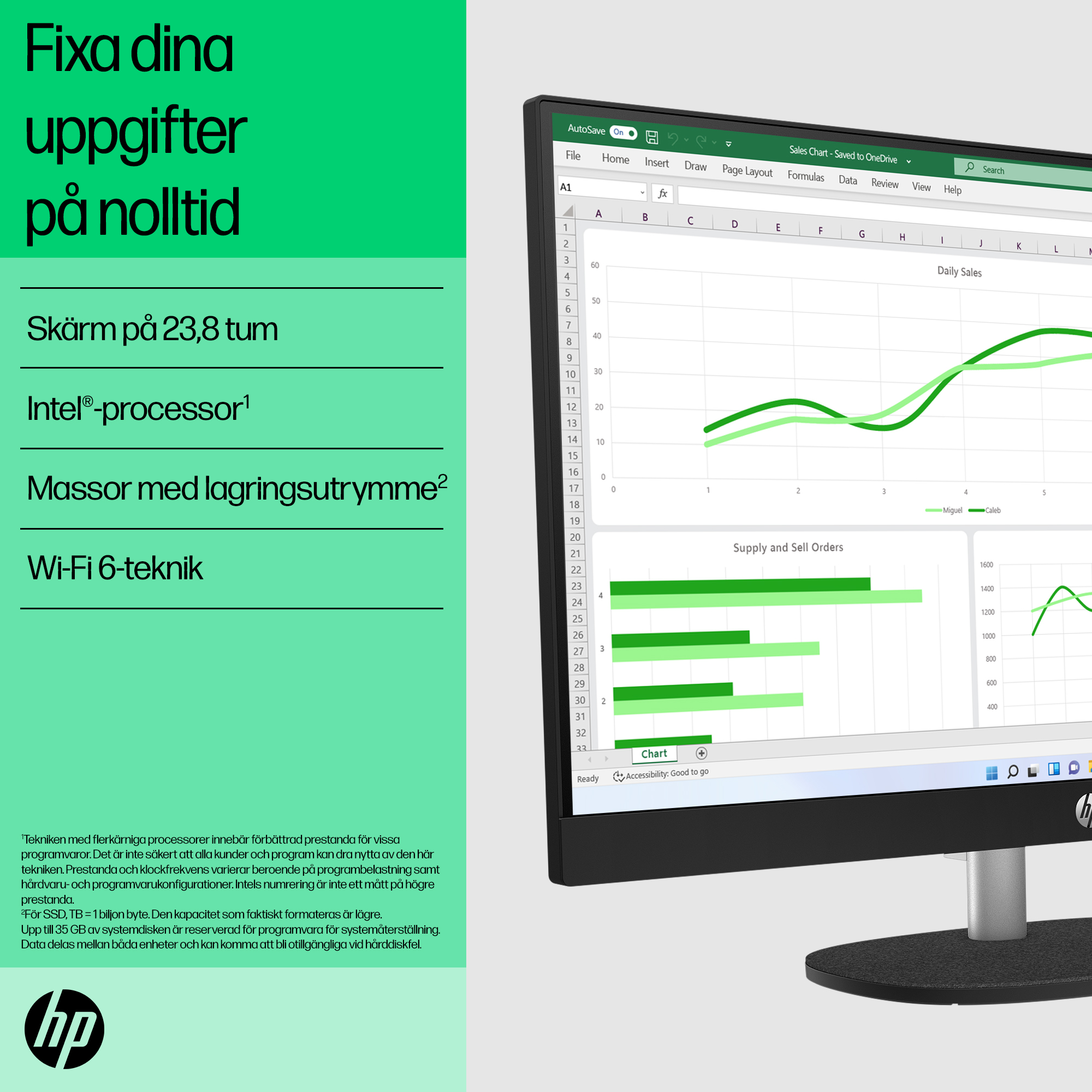 HP 24 inch All-in-One Desktop PC (Intel) - Jet Black - Productivity Storage - Swedish
