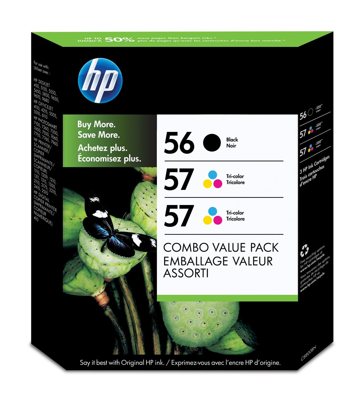 slide 1 of 1, show larger image, hp 56 black(1)/57 tri-color(2) 3-pack original ink cartridges