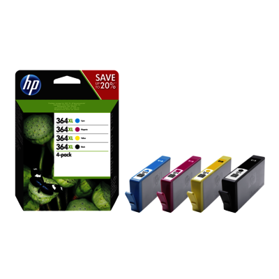 HP 364XL Čtyřbalení originálních inkoustových kazet s vysokou výtěžností – černá, azurová, purpurová, žlutá