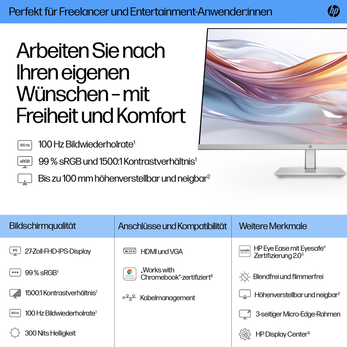 folie 1 von 11, vergrößern, höhenverstellbarer 27-zoll-monitor fhd hp-serie 5 – 527sh