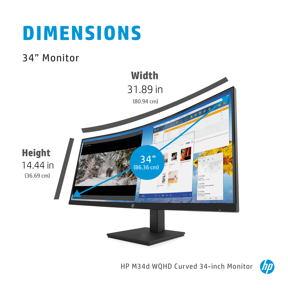 slide 2 of 7, show larger image, hp m34d wqhd curved monitor