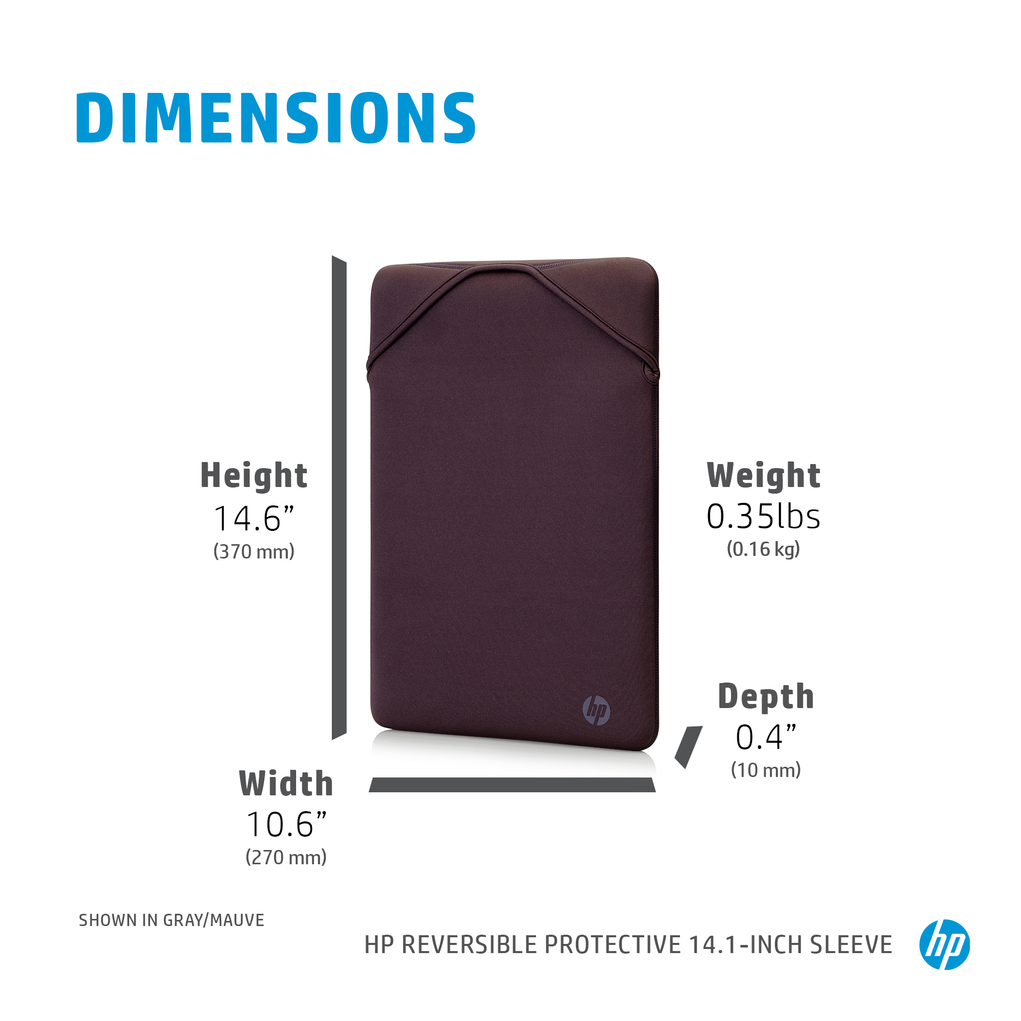 21C1 - HP Reversible Protective 14.1-inch Sleeve - Annotated Image - Dimensions