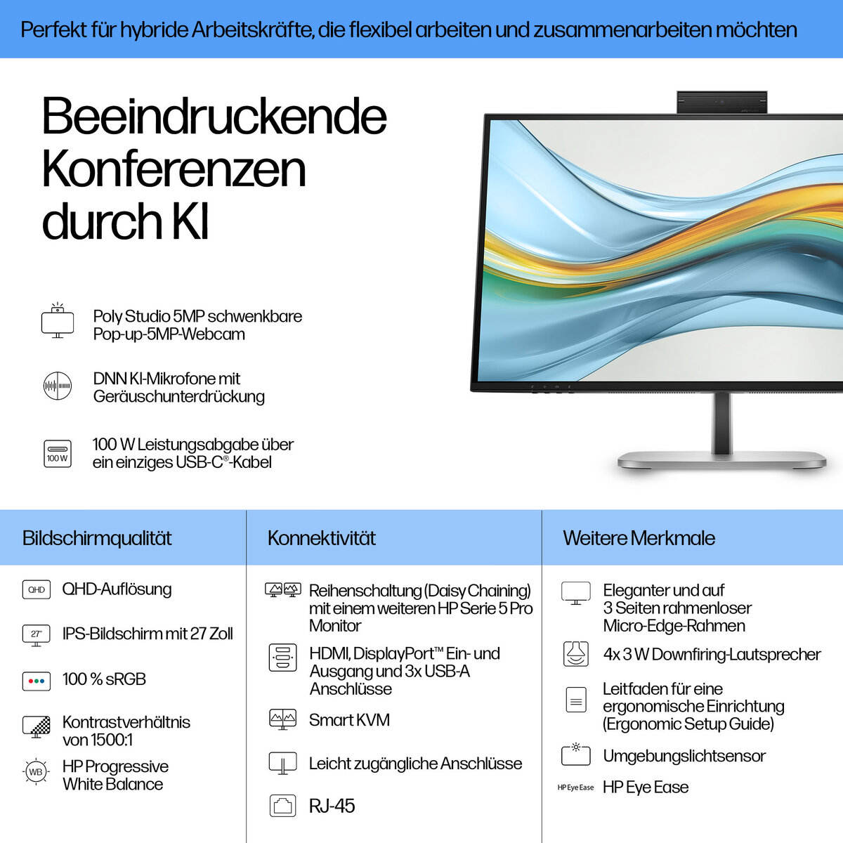 folie 3 von 12, vergrößern, hp series 5 pro 27 inch qhd usb-c conferencing monitor - 527pm pvc free