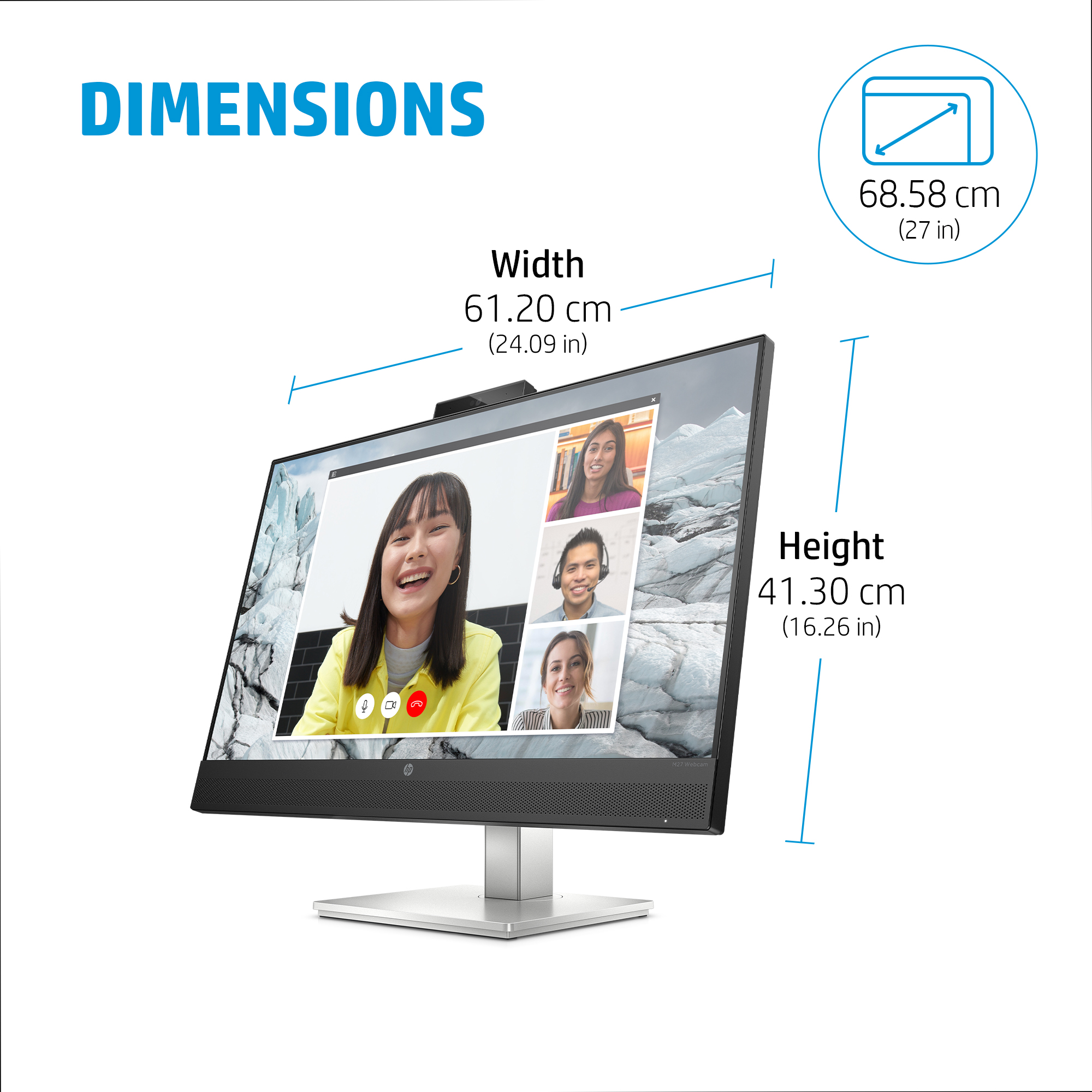 HP E27m G4 FHD USB-C Conferencing Monitor - Dimensions - EMEA for English