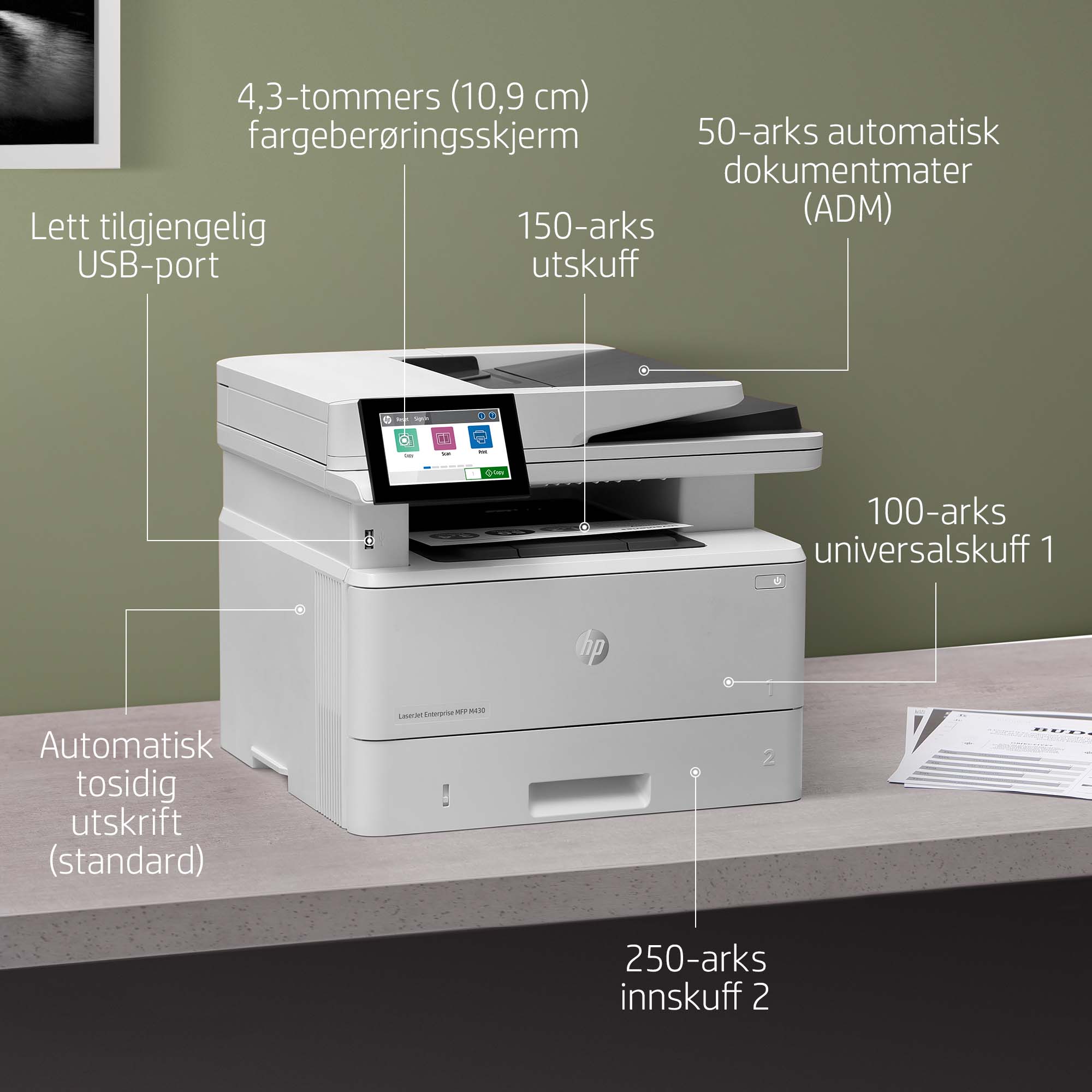 HP LaserJet Enterprise MFP M430f - etail - Product Walkaround - 2 - Norwegian