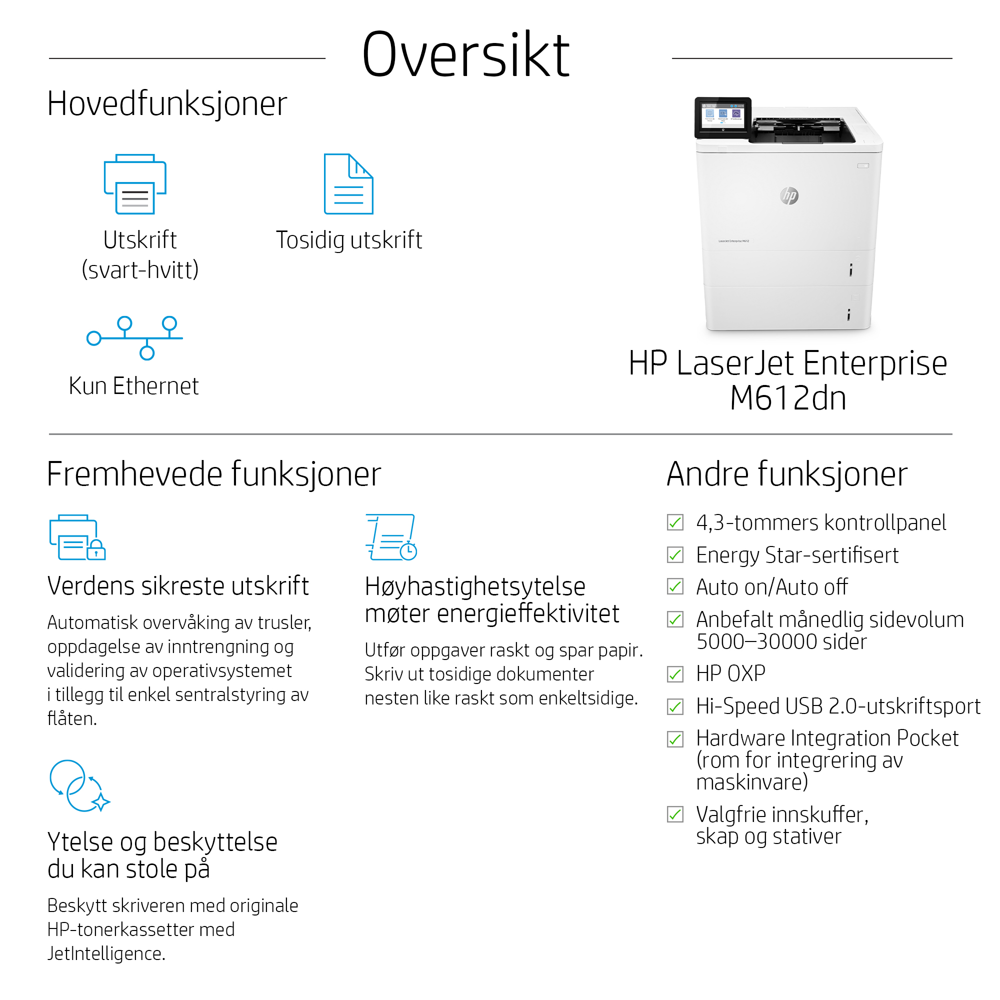HP LaserJet Enterprise M612dn - eTail - At a glance 1 - Norwegian