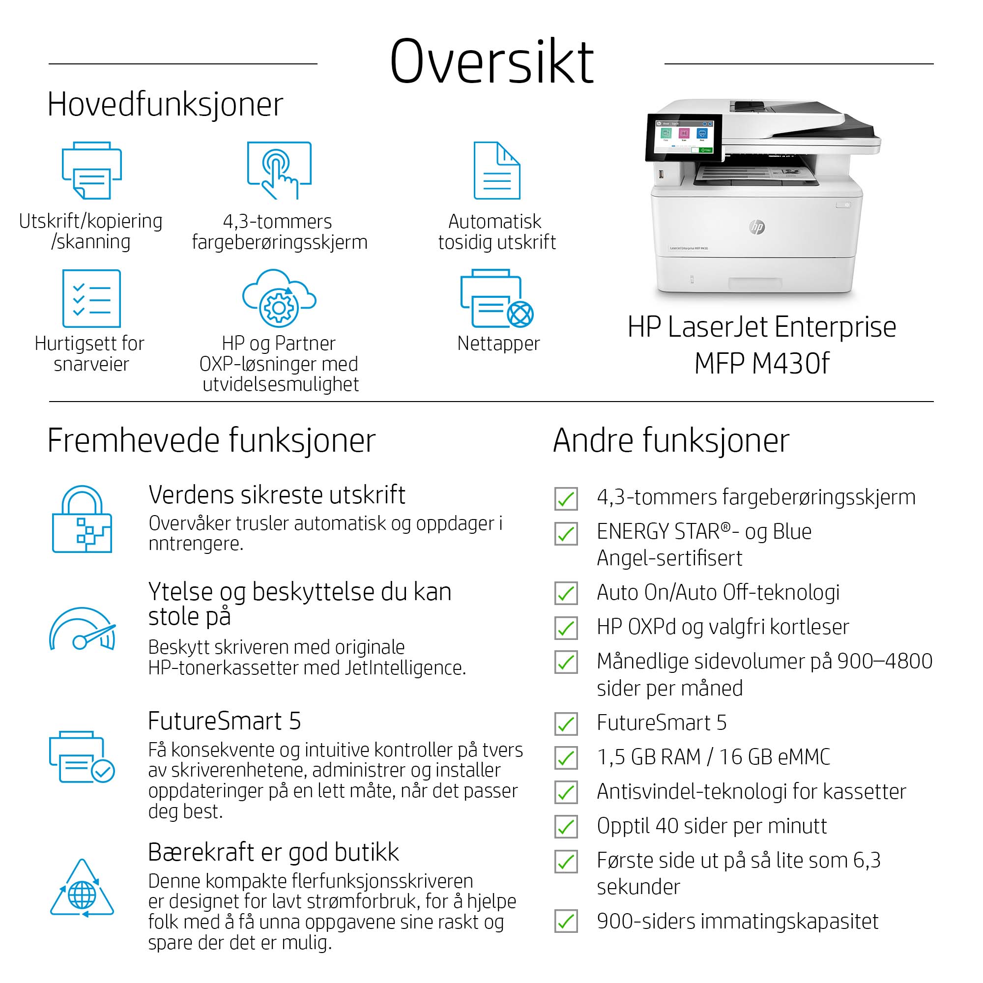 HP LaserJet Enterprise MFP M430f - etail - At a glance 1 - Norwegian