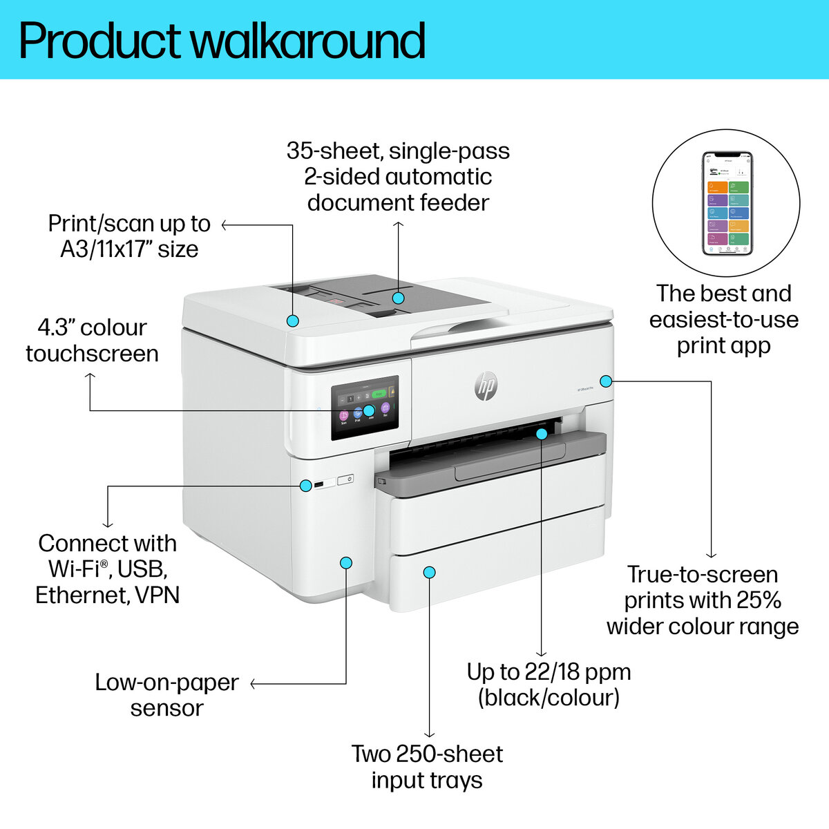 slide 1 of 19, show larger image, hp officejet pro 9730e wf aio printer