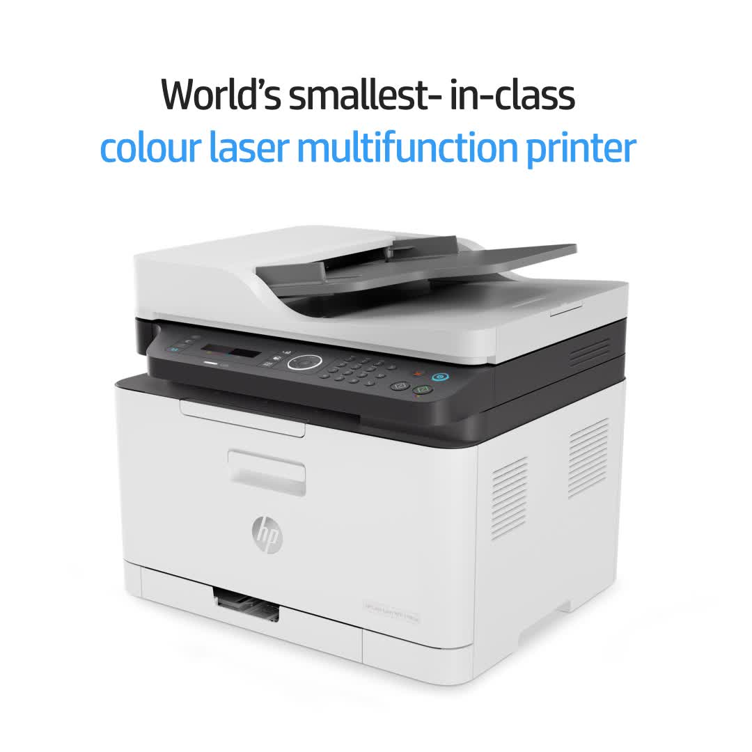 slide 1 of 19, show larger image, hp color laser mfp 179fnw - demo video 45 sec 1:1 - english for emea