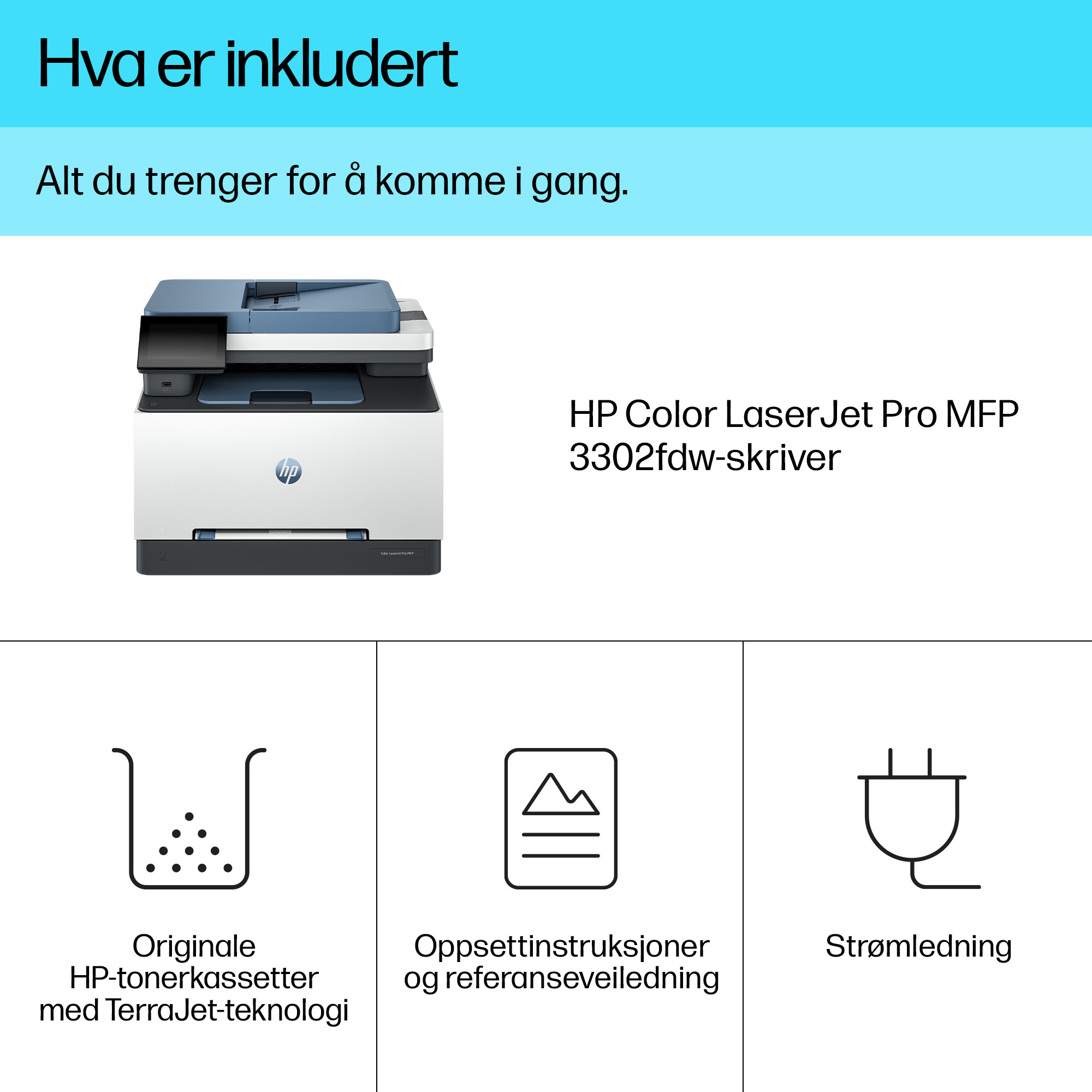 HP Color LaserJet Pro MFP 3302fdw (SURF BLUE) DM Whats in the box - Norwegian