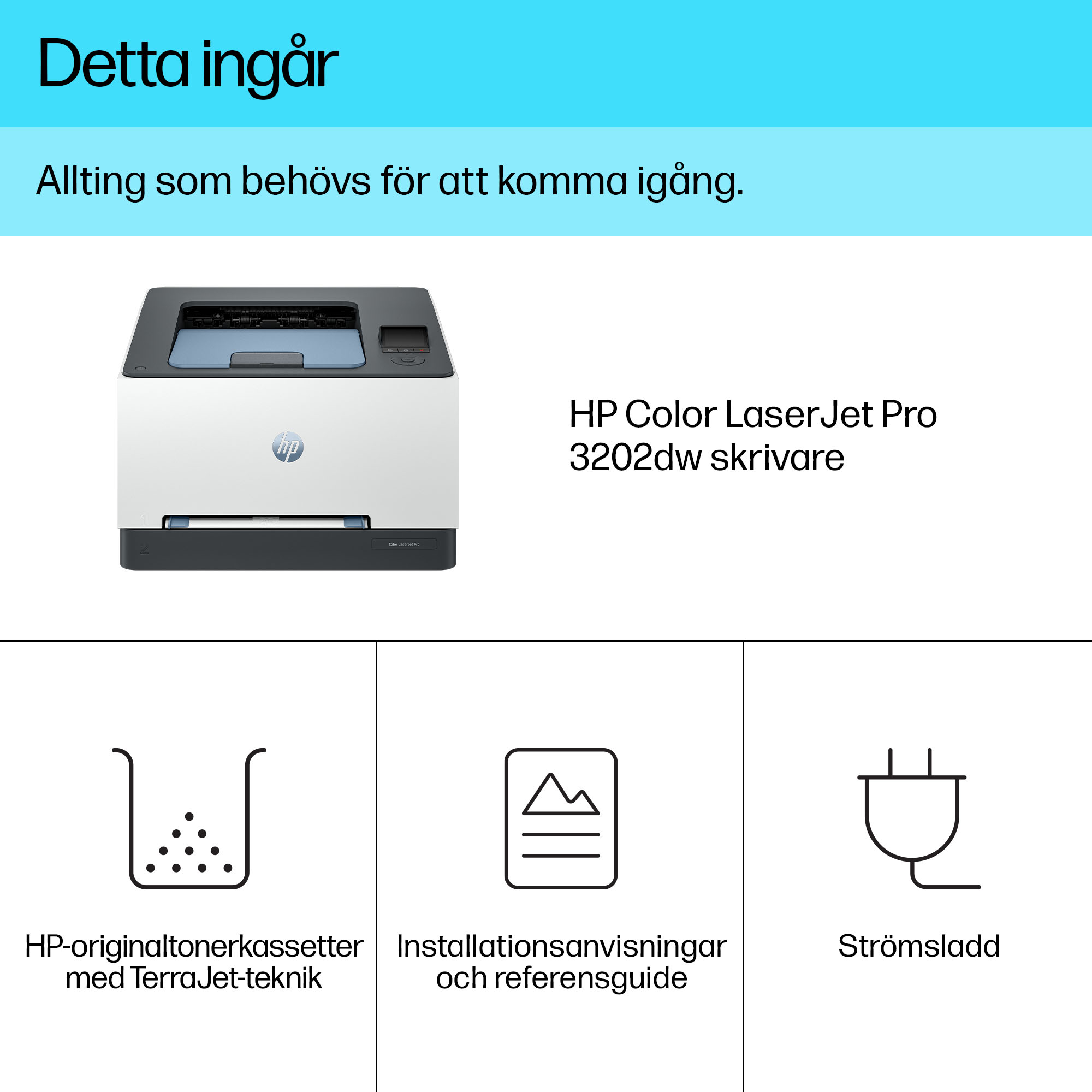 HP Color LaserJet Pro 3202dw (SURF BLUE) DM Whats in the box - Swedish