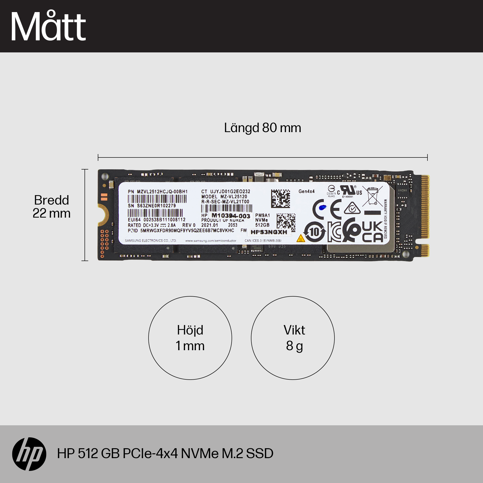 HP 512GB PCIe-4x4 NVMe M.2 SSD - Dimensions - Swedish