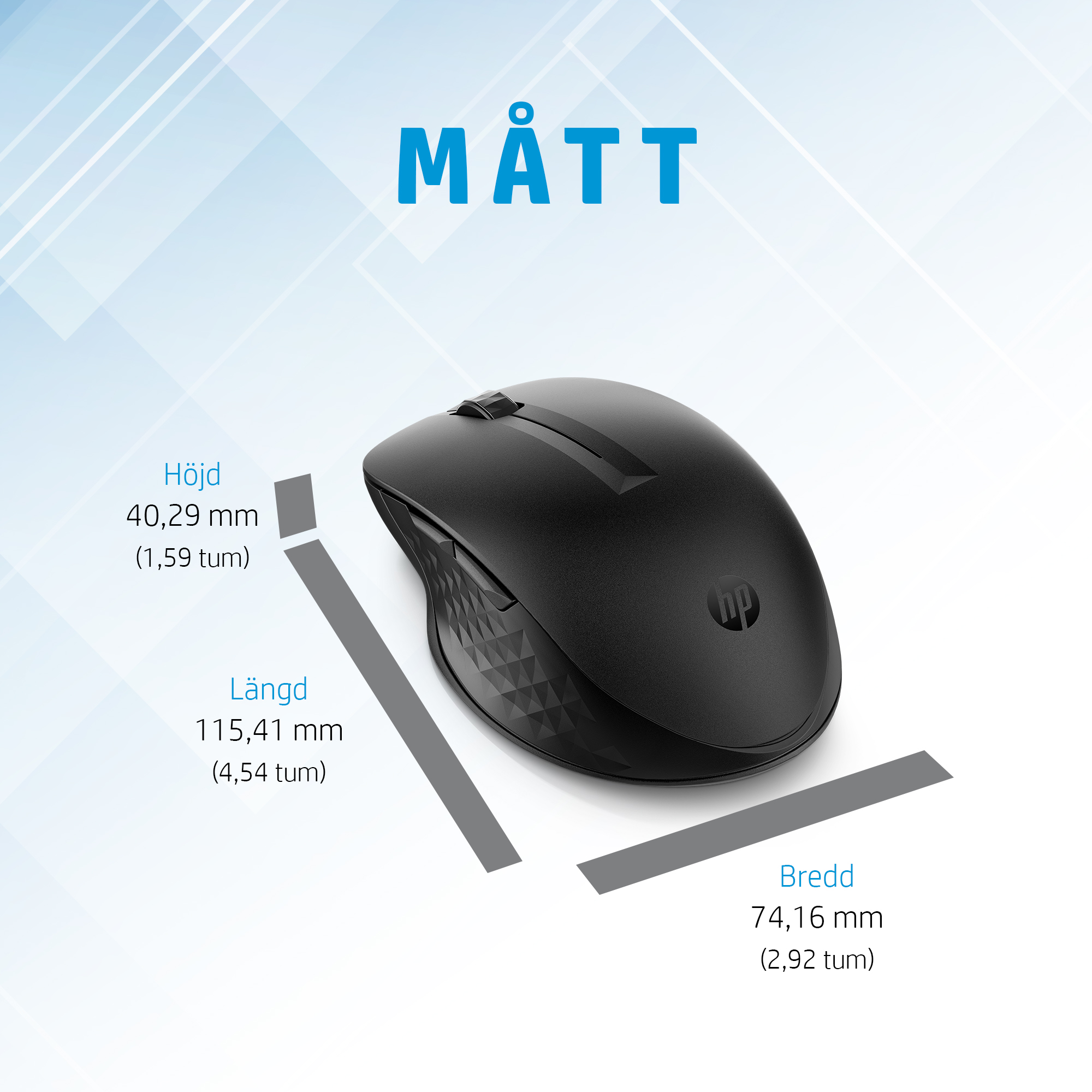 HP 435 Multi-Device Wireless Mouse - Dimensions - Swedish {sv_SE}