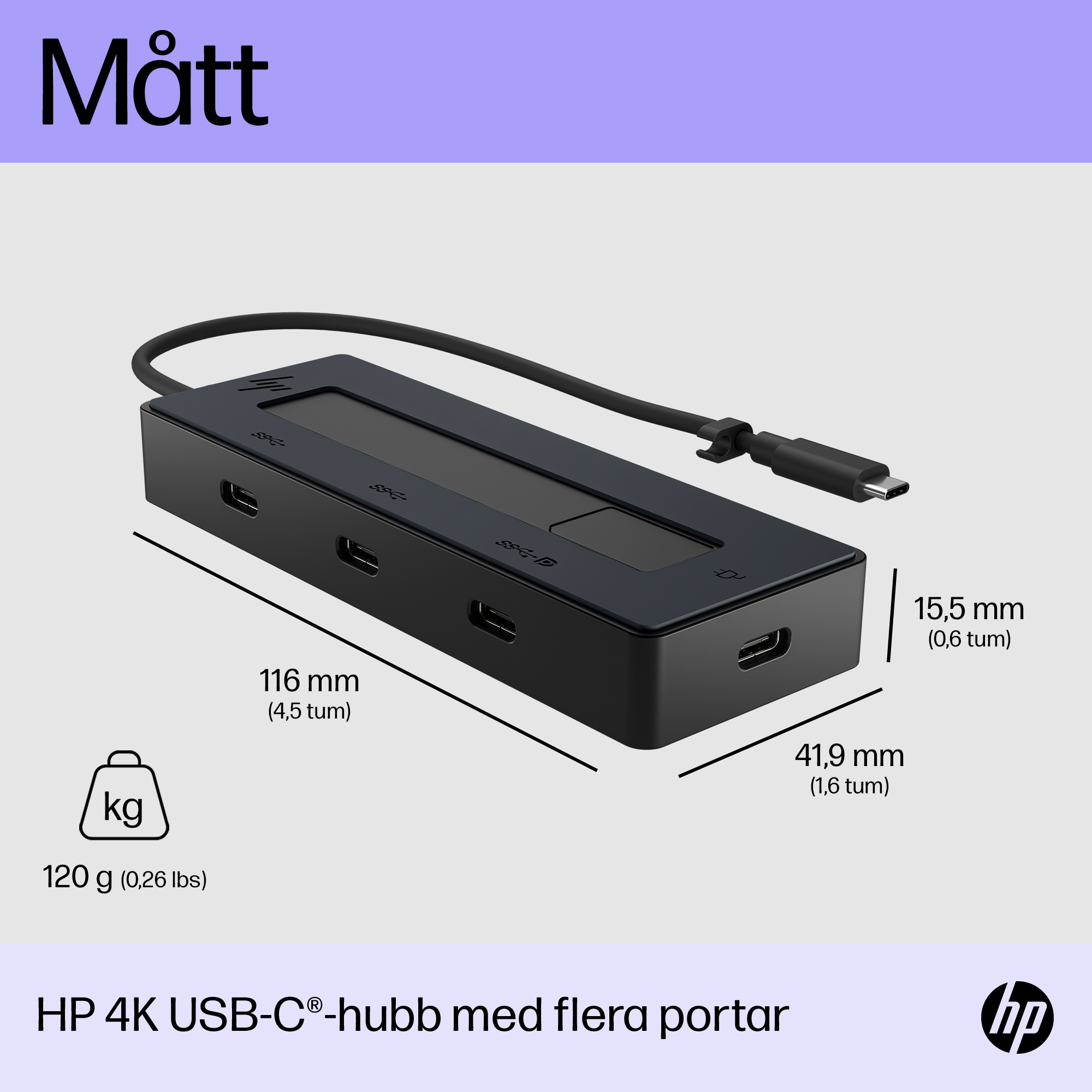 HP 4K USB-C Multiport Hub - Dimension - Swedish