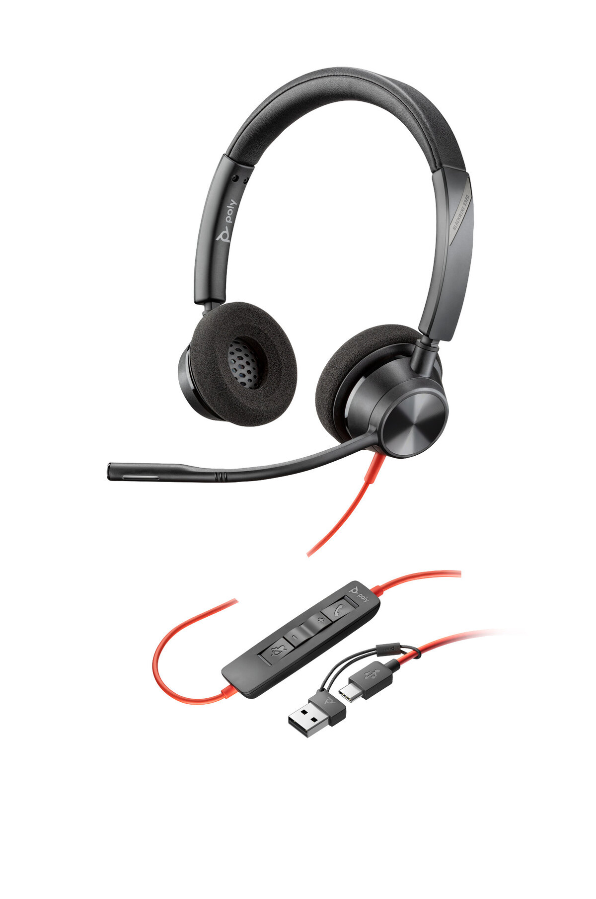 folie 2 von 2, vergrößern, poly blackwire 3320 usb-c stereo-headset +usb-c/a-adapter