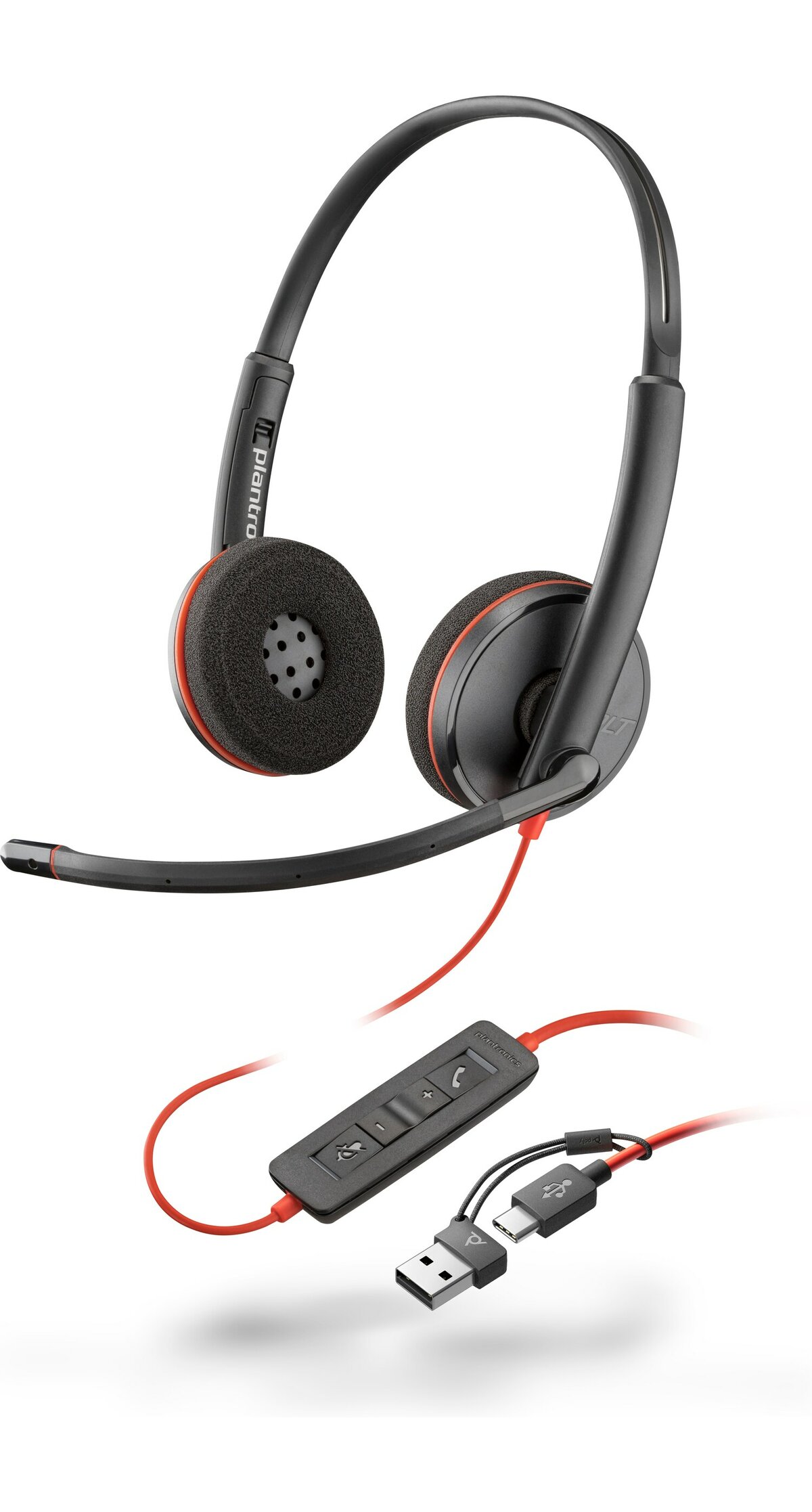 slide 3 of 3, zoom in, poly blackwire 3220 usb-c-stereohodesett + usb-c/a-adapter (bulk)