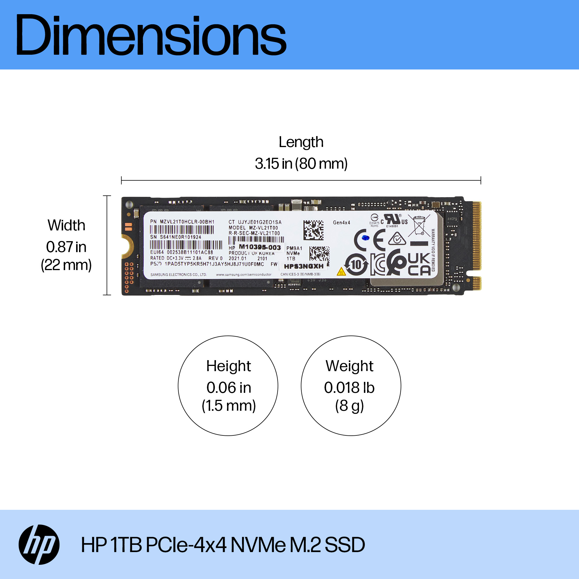 _HP 1TB PCIe-4x4 NVMe M.2 SSD_ Gallery Image 3- Product Walkaround and Dimensions