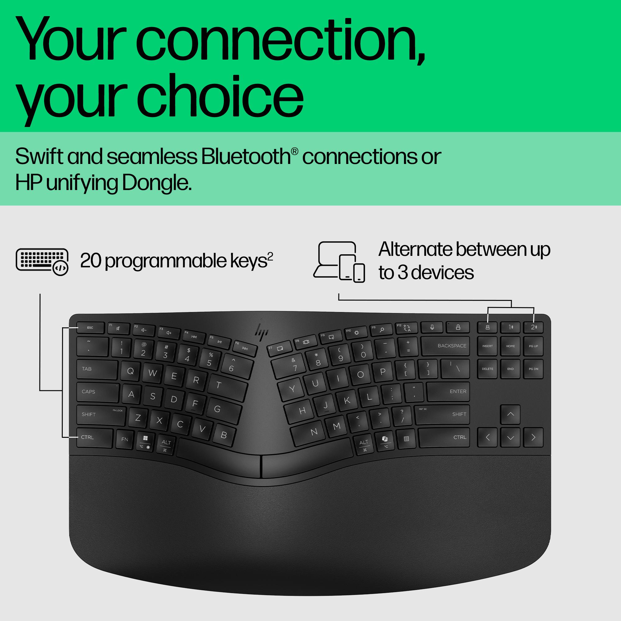 HP 960 Ergonomic Wireless Keyboard - KSP 4 (Your connection your choice) - English for EMEA