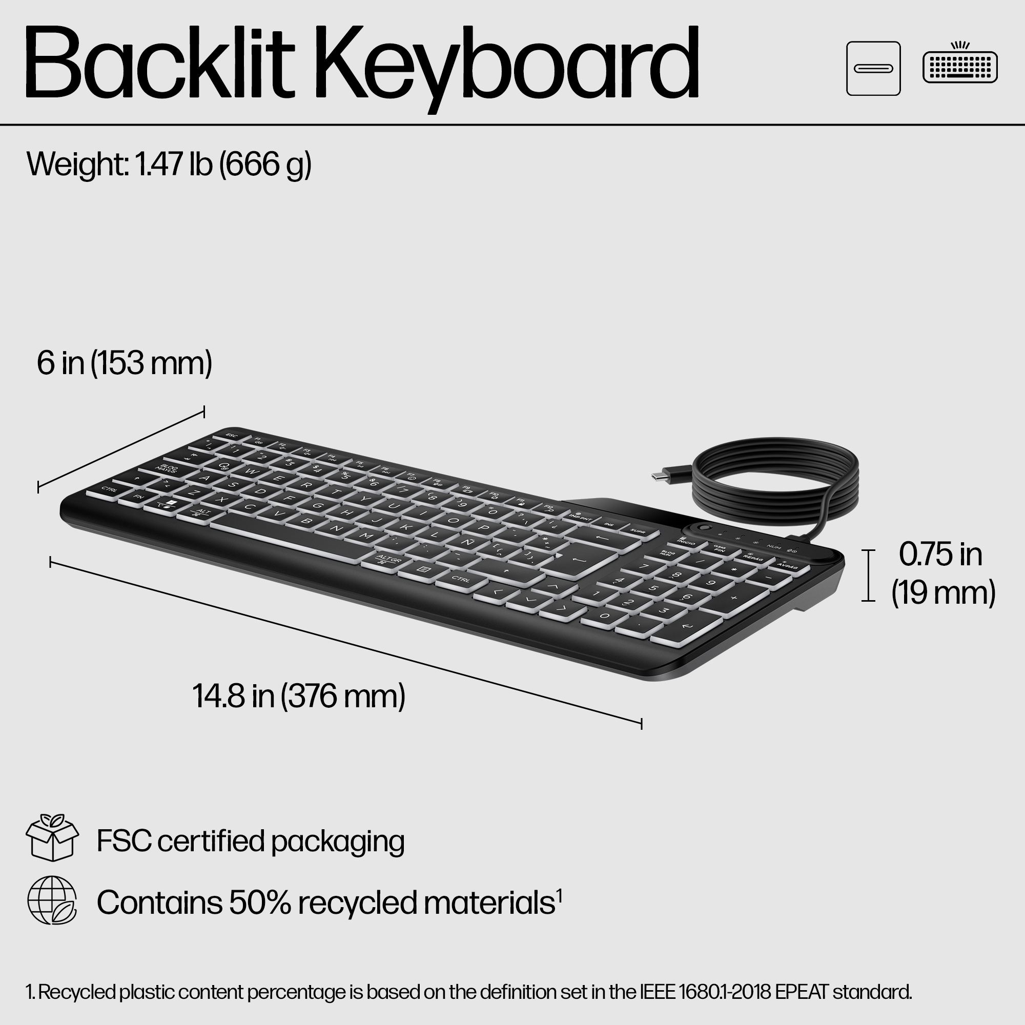 23C2 - HP 400 405 Backlit Wired Keyboard USB-C Black 2000x2000 Walkaround Dimensions