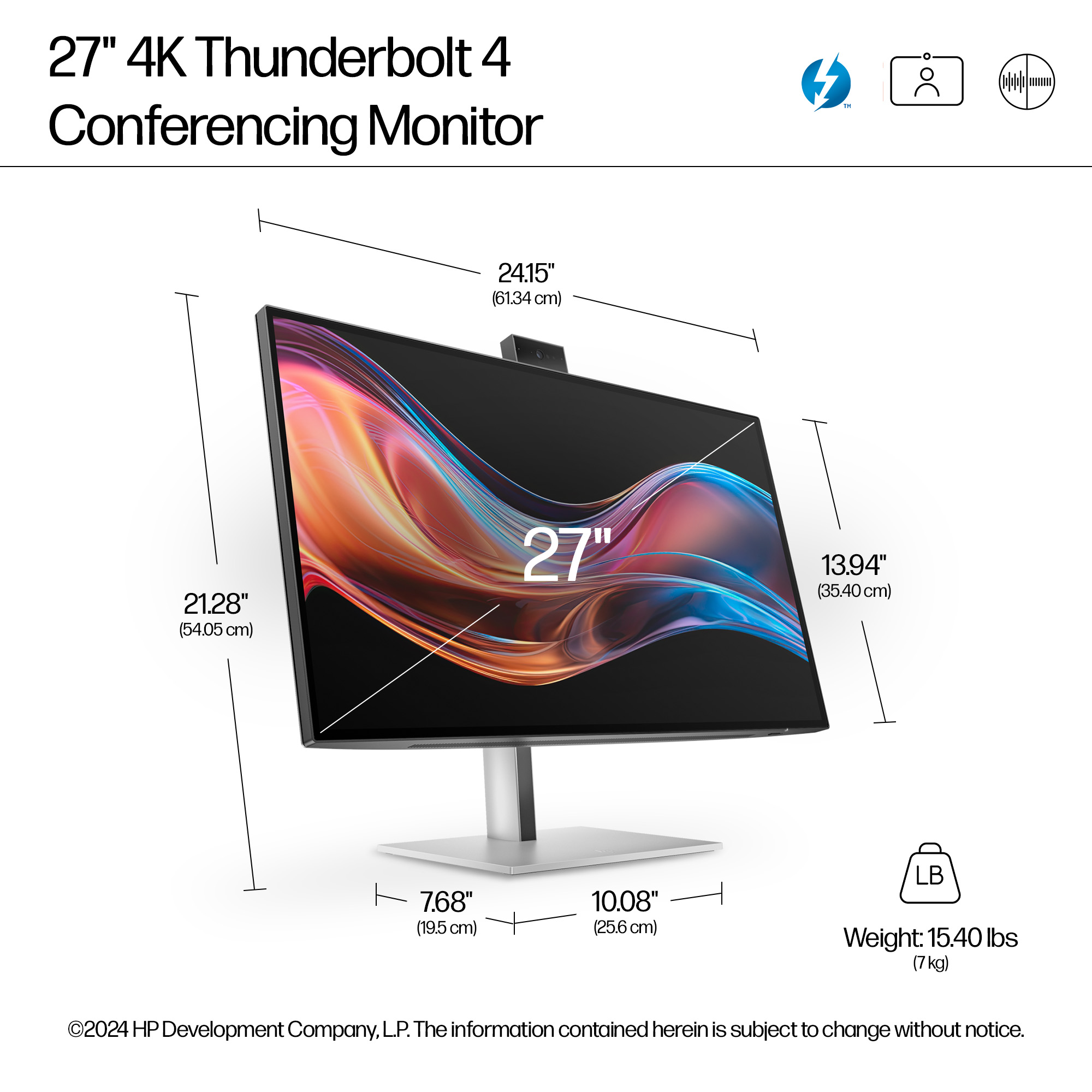 HP Series 7 Pro 27 4K Conferencing Monitor - 727pm - Dimensions - English for EMEA
