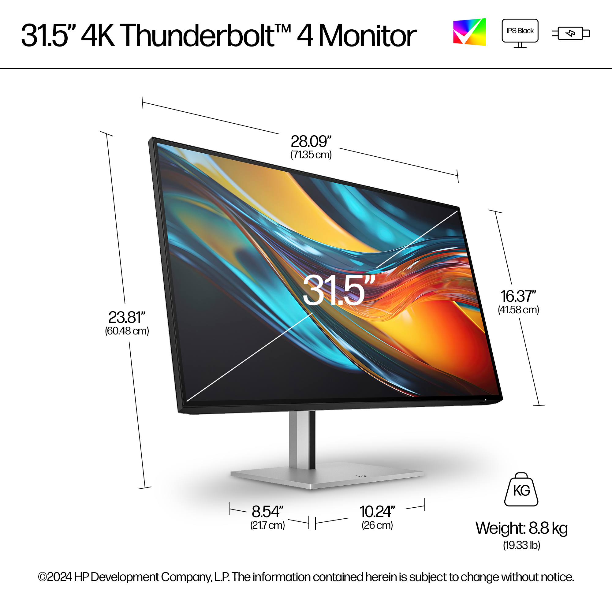 HP Series 7 Pro 31.5 inch 4K Thunderbolt 4 Monitor - 732pk - Dimensions - English for EMEA