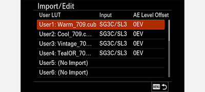 Import up to 16 user LUTs
