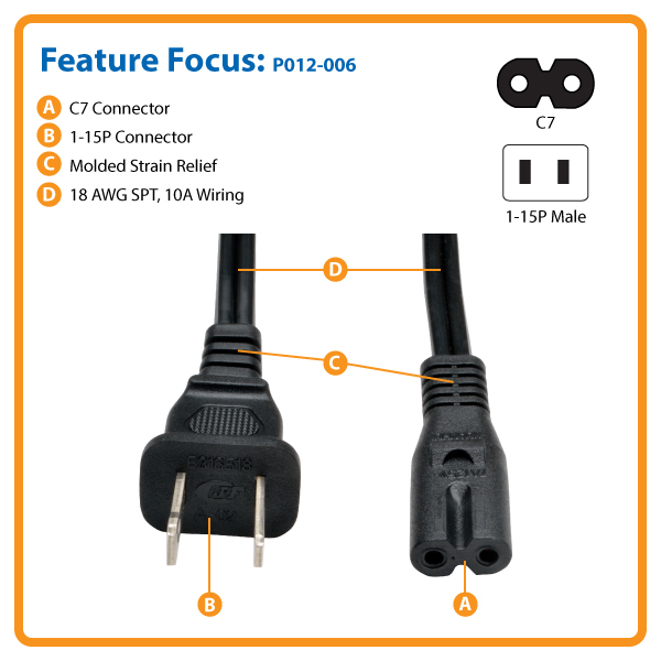 Tripp Lite 6ft Laptop / Notebook Power Cord Cable 115P to C7 10A 18AWG
