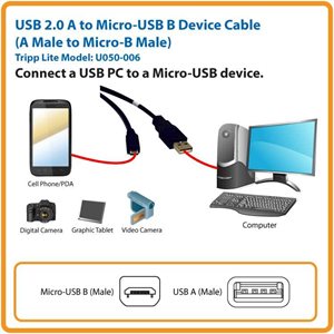 Tripp Lite 6ft USB 2.0 Hi-Speed Active Device Cable A to Micro-B M/M 6' -  U050-006 - USB Cables 