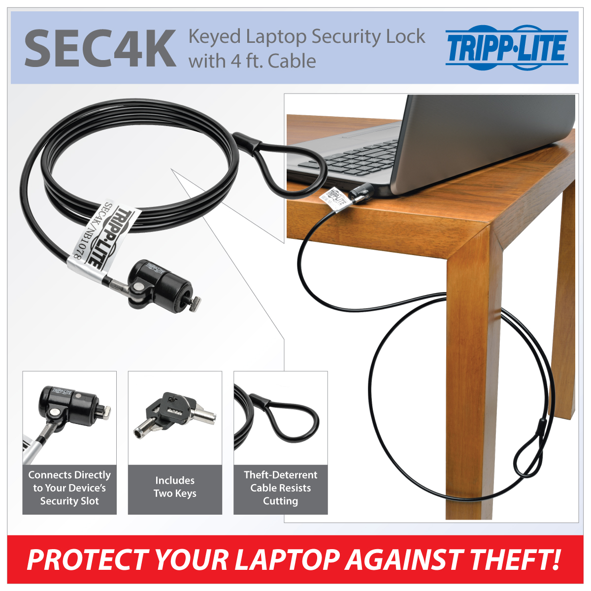 Tripp Lite Laptop Security Lock Keyed Theft Deterrent Cable 4ft 4