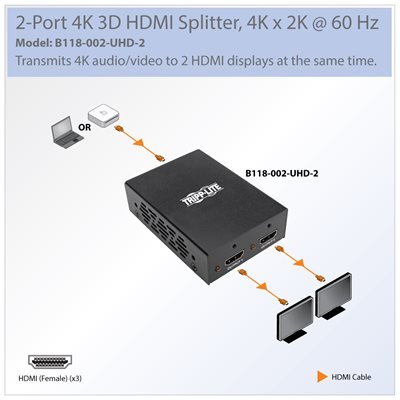 Tripp Lite 2-Port 4K 3D HDMI Splitter, HDMI, HDCP 2.2, Ultra HD 4K x 2K  Audio/Video, 3840 x 2160 @ 60 Hz, HDR, TAA - - B118-002-UHD-2 - Audio &  Video Cables 