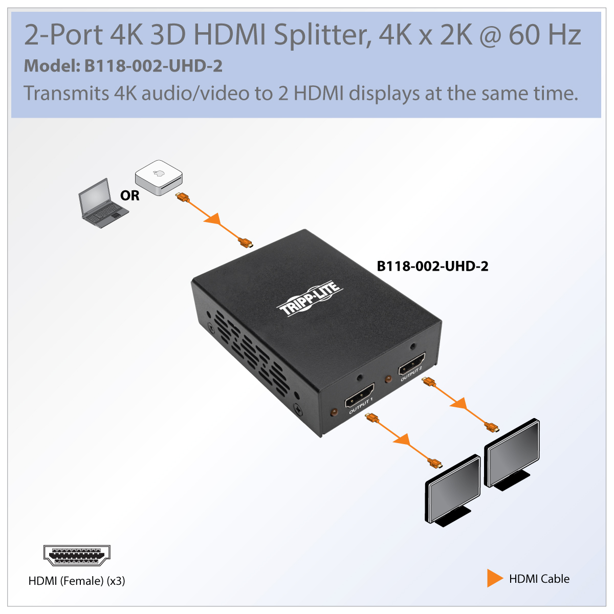 Tripp Lite 2-Port 4K 3D HDMI Splitter, HDMI, HDCP 2.2, Ultra HD 4K
