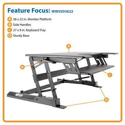 Tripp Lite Sit Stand Desktop Workstation Adjustable Standing Desk 36x22 in.  - standing desk converter - rectangular with - WWSSD3622 - Sit & Stand Desks  