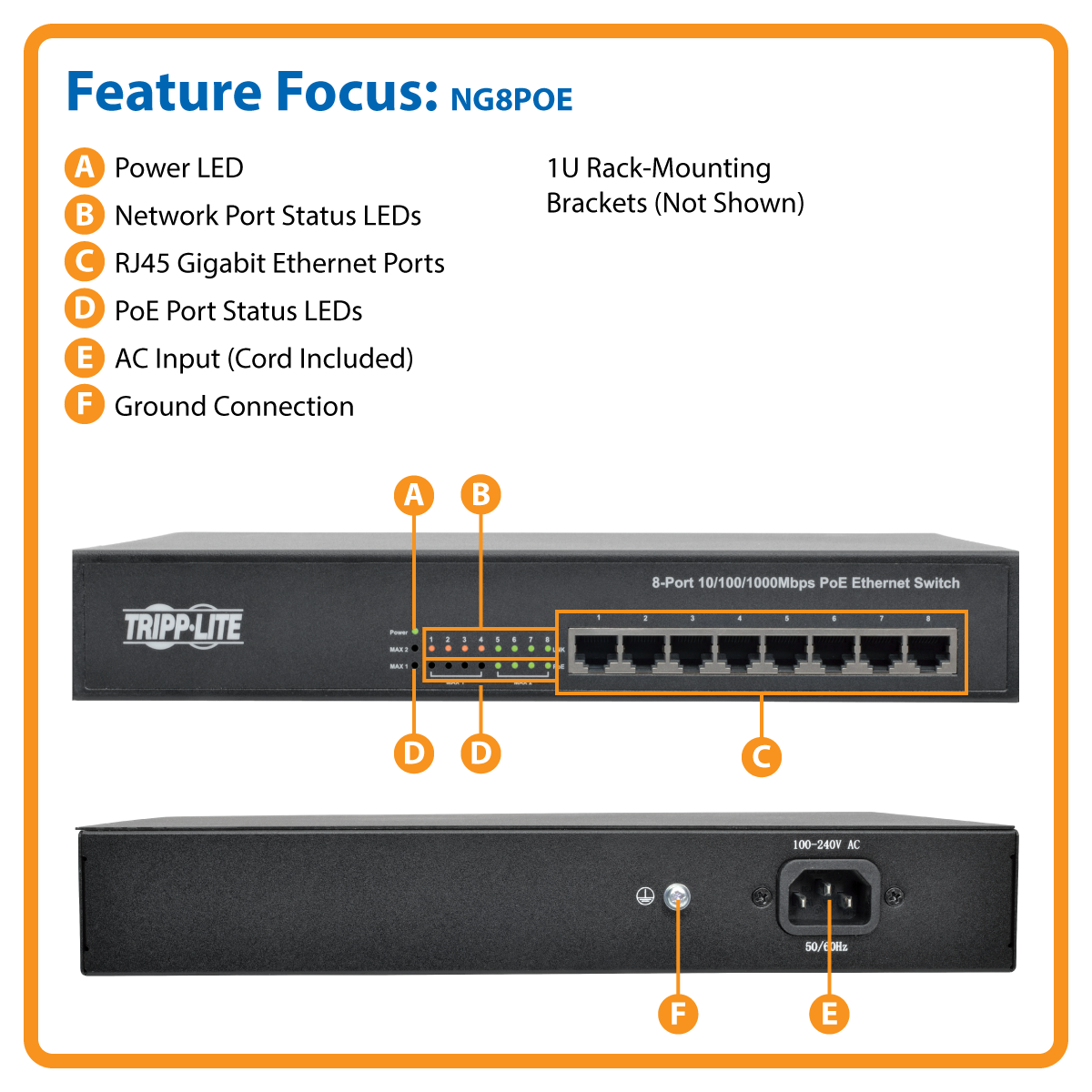 Tripp Lite 8-Port Gigabit Ethernet Switch, Desktop, Unmanaged Network Switch  10/100/1000 Mbps, RJ45, Metal (NG8) 
