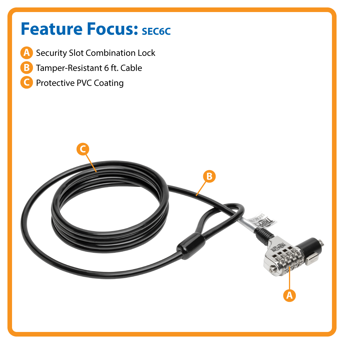 Tripp Lite Laptop Security Lock Combination Theft Deterrent Cable 6ft 6