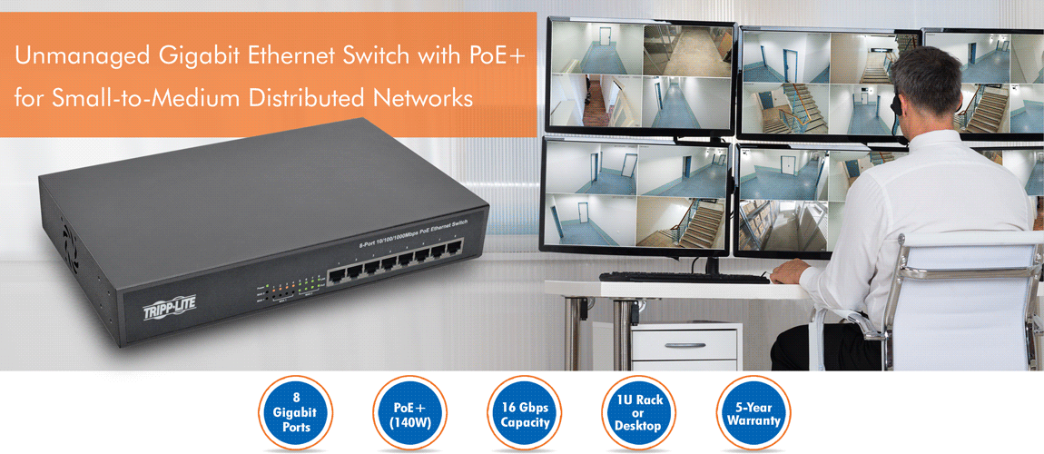 Tripp Lite 8Port Gigabit Ethernet Switch Rackmount Unmanaged w/PoE Metal 1U  - switch - 8 ports - unmanaged - - NG8POE - Modular Switches 