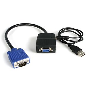 Compact USB-powered VGA splitter allows you to split a video source to two separate displays