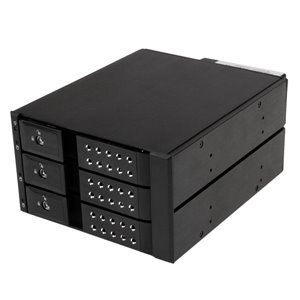 Easily connect and hot swap up to three 3.5” SATA/SAS hard drives from two 5.25” bays