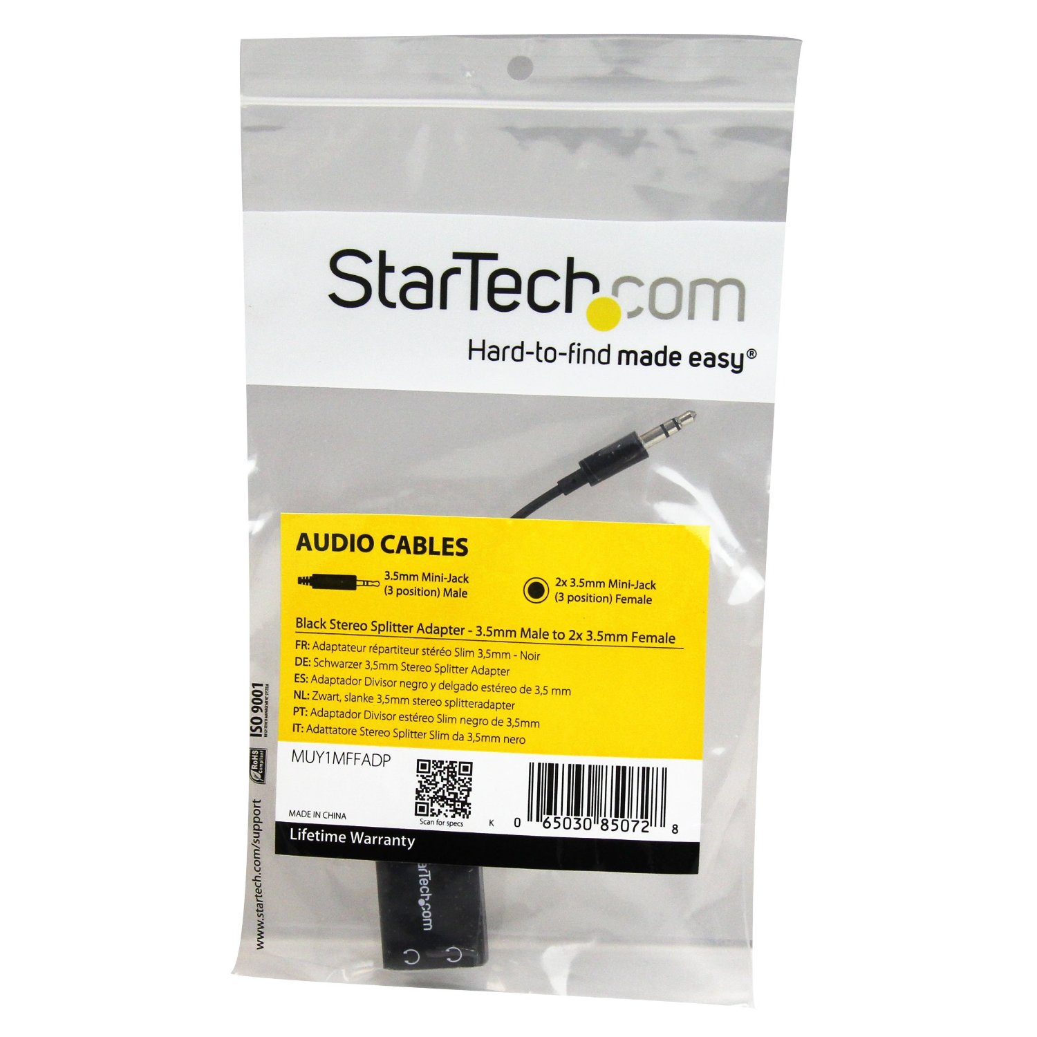 StarTech.com Black Slim Mini Jack Headphone Splitter Cable Adapter - 3.5mm  Audio Mini Stereo Y Splitter - 3.5mm Male to 2x 3.5mm Female (MUY1MFFADP)