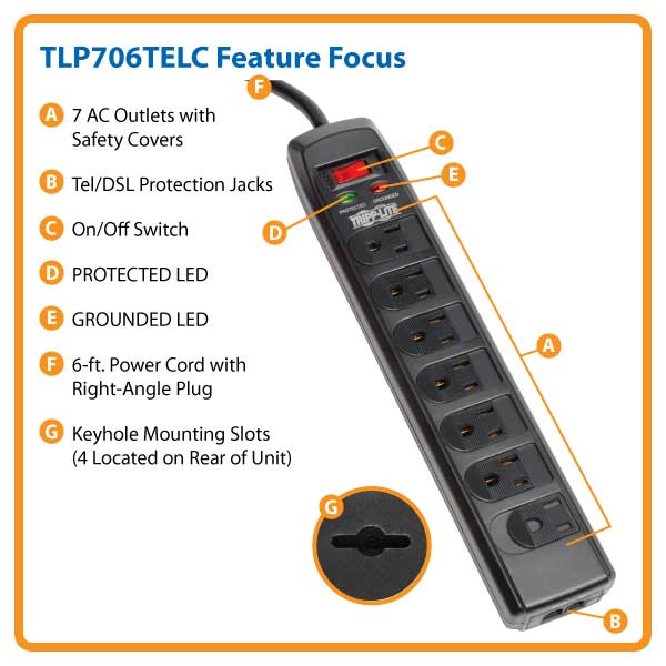 Tripp Lite Surge Protector Power Strip 120V 7 Outlet 7' Cord 2160 Joules  Black - surge protector - 1.8 kW