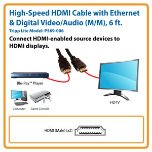 High-Speed HDMI Cable with Ethernet and Digital Video with Audio (M/M), 6 ft.