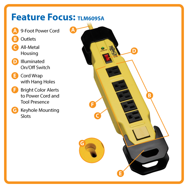 Tripp Lite Safety Surge Protector Power Strip 120V 6 Outlet Metal 9' Cord OSHA surge protector