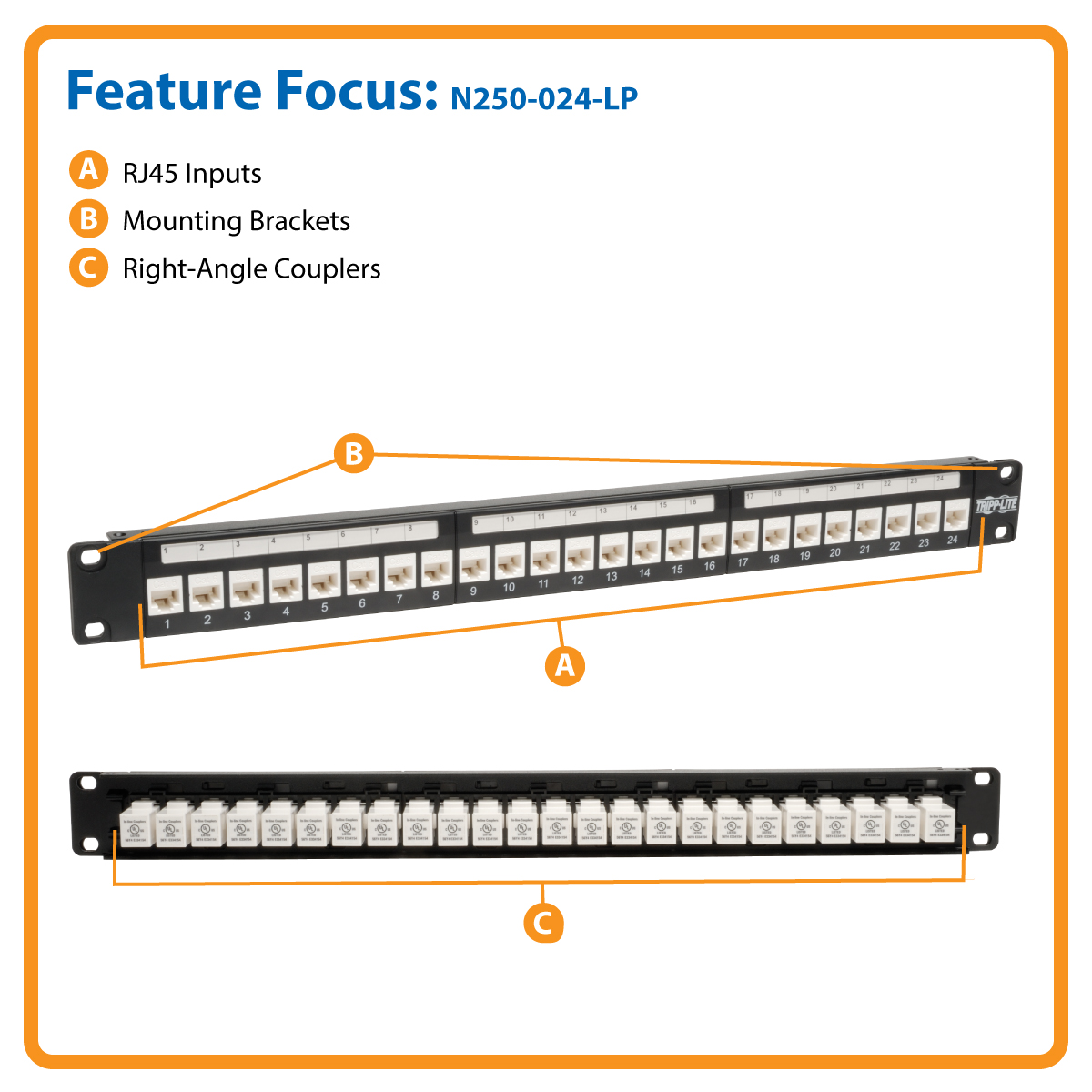 TRIPP LITE N250-024-LP 24-Port Cat6 / Cat5e Low Profile Wallmount Patch  Panel 1U TAA GSA