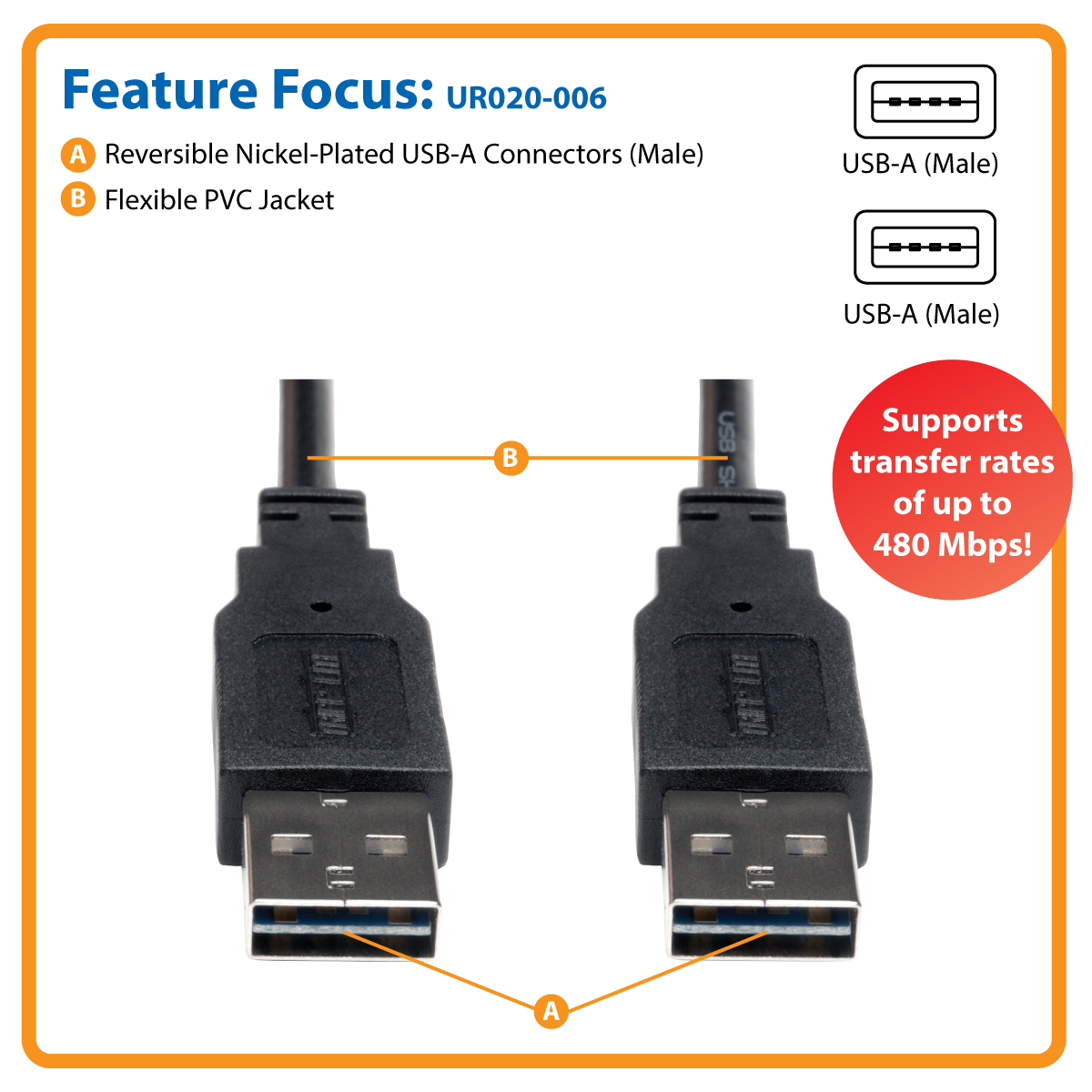 Tripp Lite 6ft USB 2.0 High Speed Reversible Connector Cable Universal ...