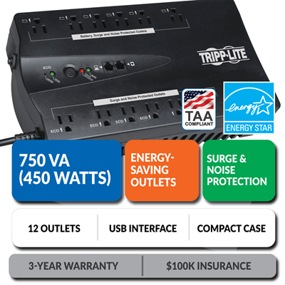 ECO750UPSTAA Ultra-Compact Eco-Friendly Standby UPS with Energy-Saving Outlets, TAA Compliant