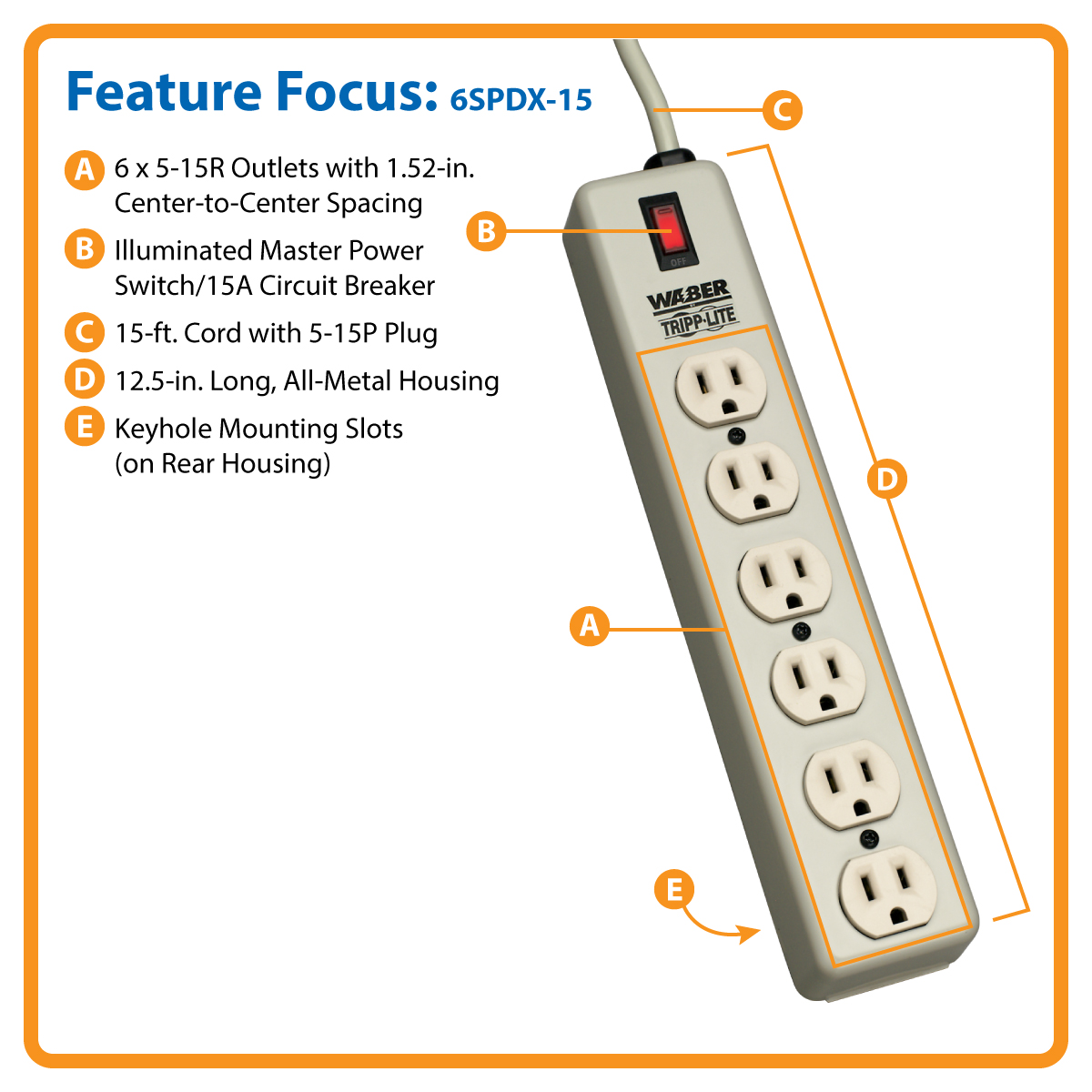 Waber Industrial Power Strip, 3-Outlet, 6 ft. Cord, 5-15P, Switch