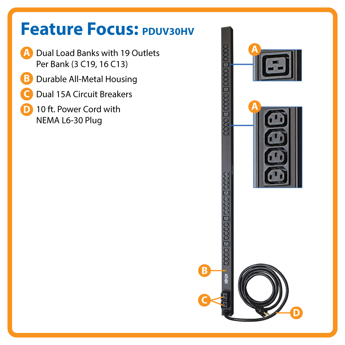 Tripp Lite Basic PDU, 30A, 38 Outlets (6 C19 & 32 C13), 208 / 240